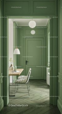 Green Walled Interior with Pendant Lighting and Wooden Furniture