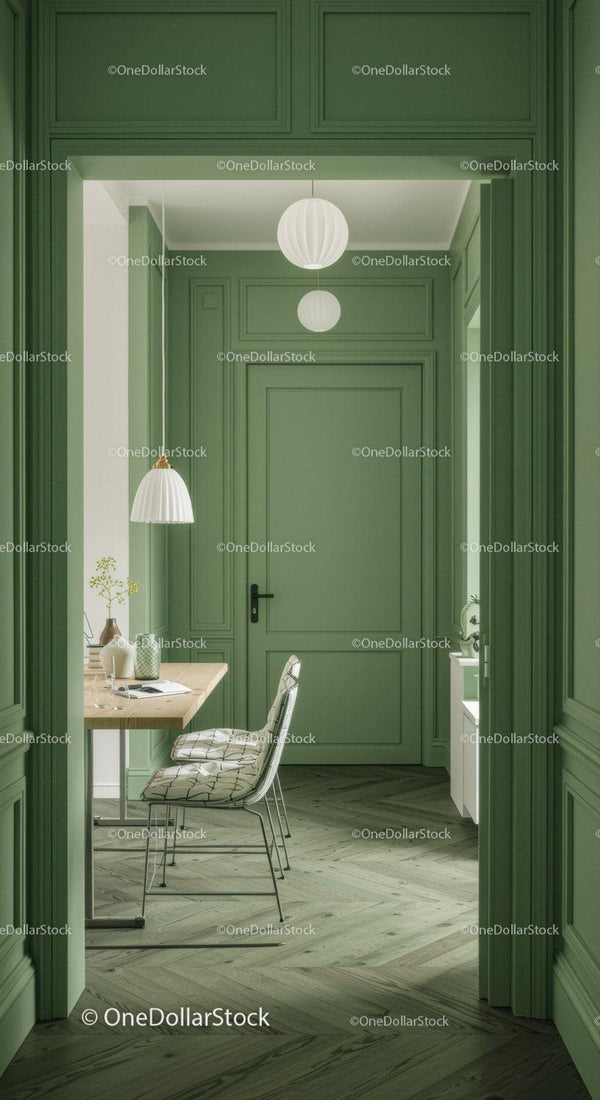 Green Walled Interior with Pendant Lighting and Wooden Furniture