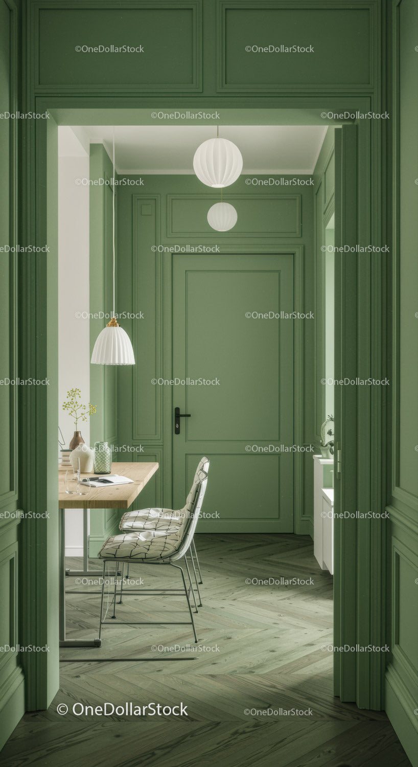 Green Walled Interior with Pendant Lighting and Wooden Furniture