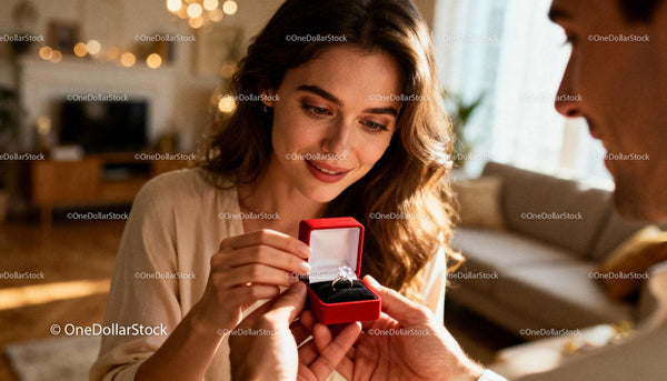 Woman Receiving Engagement Ring with Happy Surprise