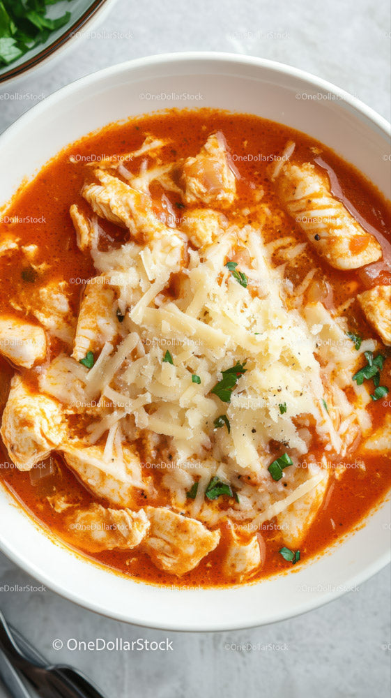 Spicy Chicken in Tomato Sauce with Cheese Topping in a White Bowl