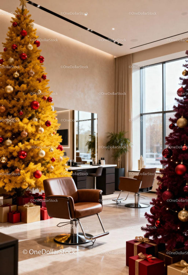 Modern salon decorated with festive Christmas trees