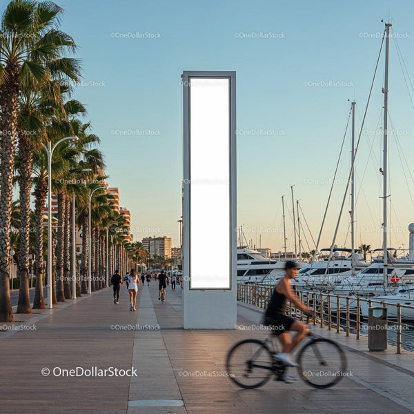 Urban waterfront promenade with palm trees and cyclists JPG Mockup Image
