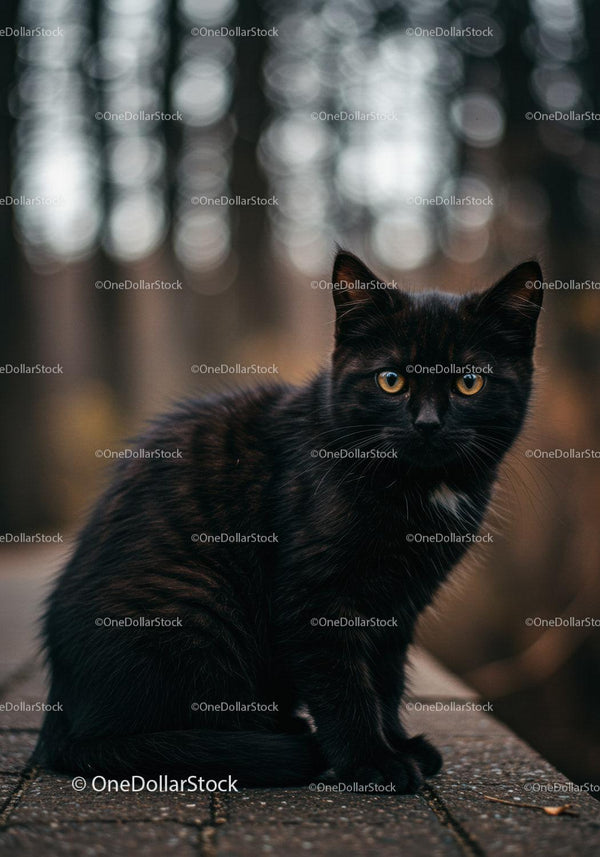Black cat with bright eyes sitting outdoors on stone