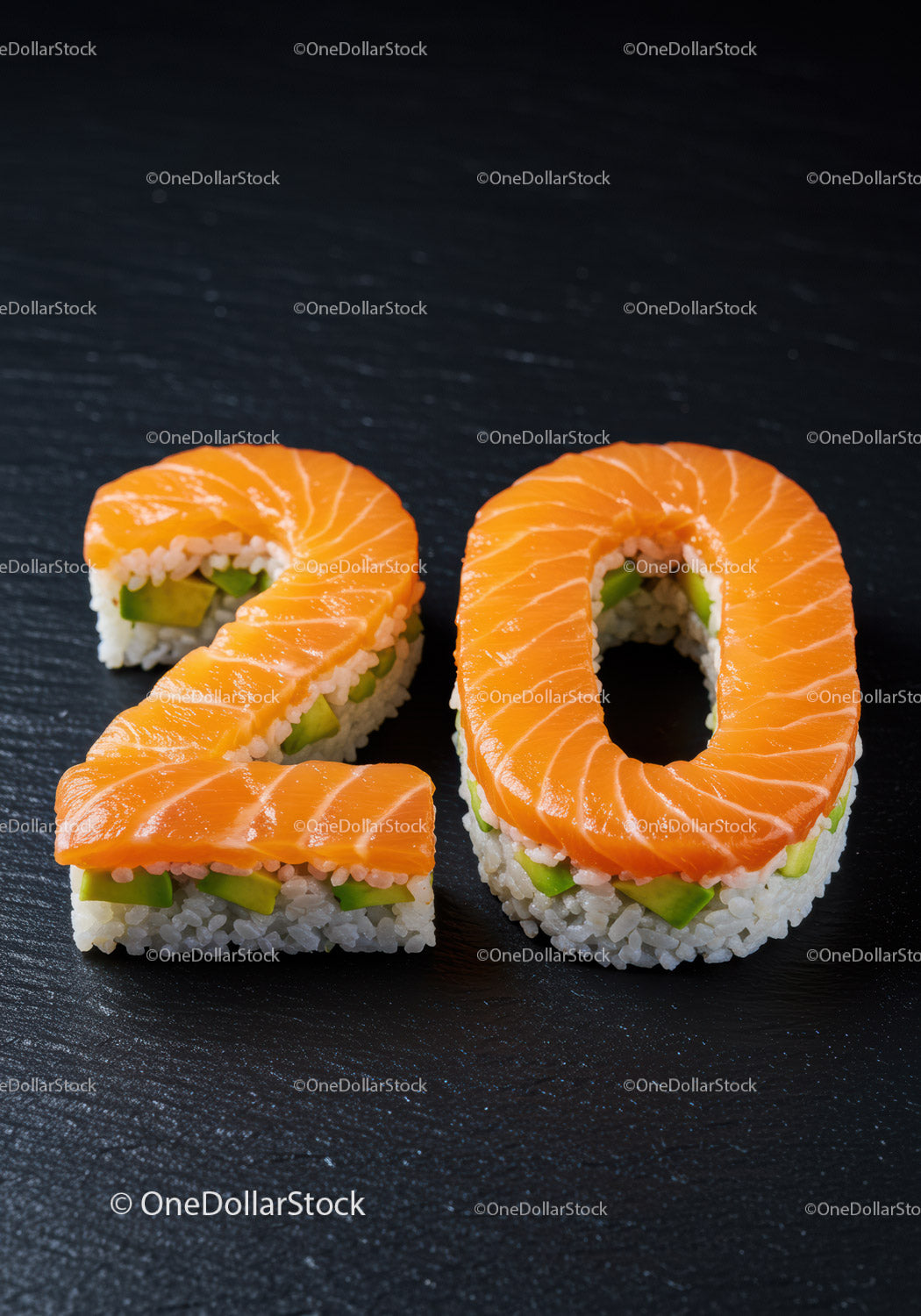 Rolki sushi w kształcie cyfry dwadzieścia z łososiem