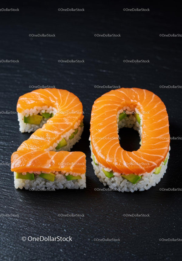 Sushi Rolls Shaped as Number Twenty with Salmon