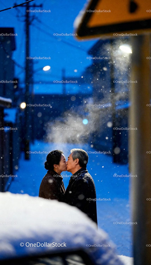 Middle-aged couple sharing a tender kiss on snowy evening