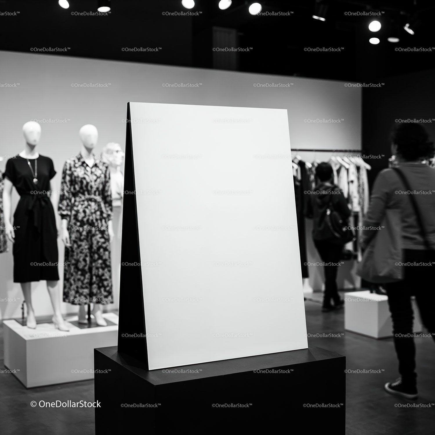 Modern boutique interior with blank display board