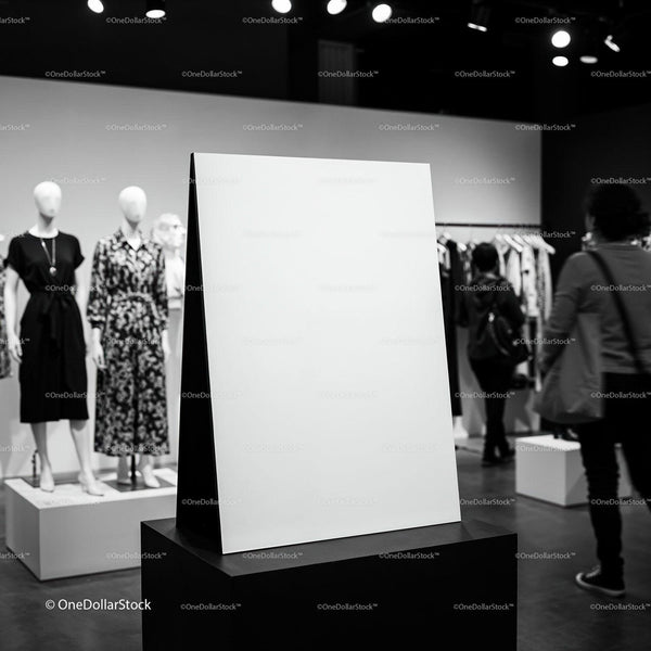 Modern boutique interior with blank display board JPG Mockup Image