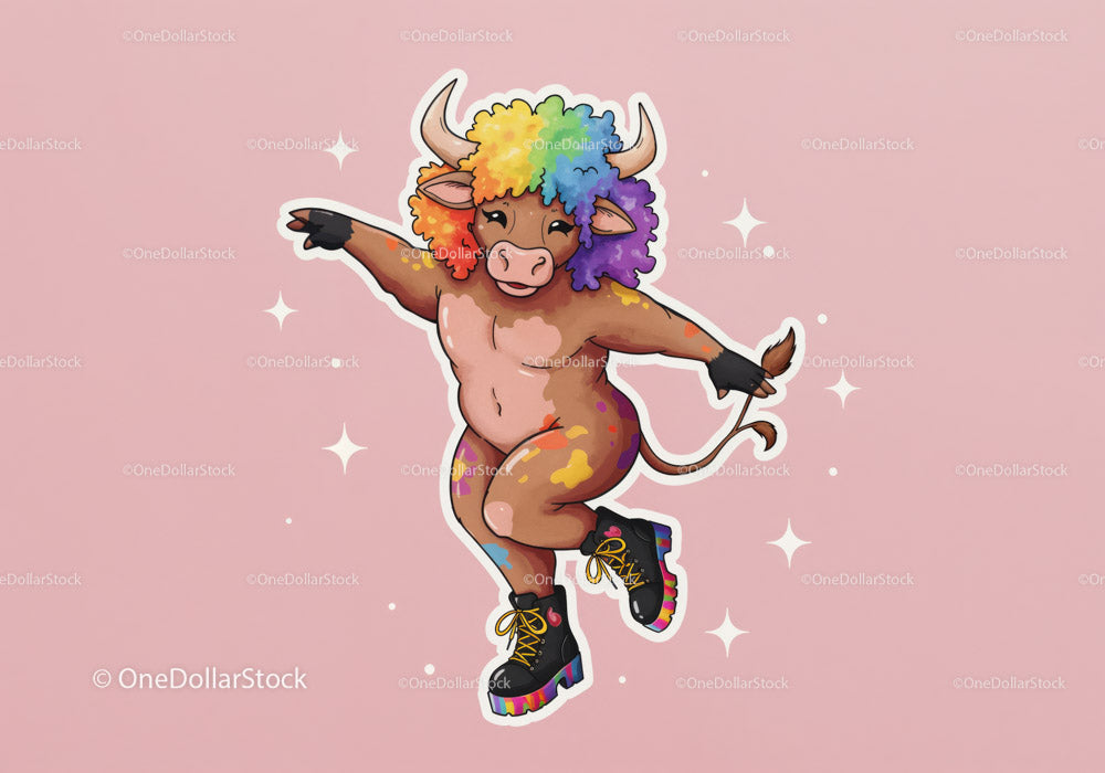 Colorful Cartoon Buffalo Dancing with Rainbow Hair on Pink Background