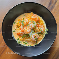 Creamy Pasta with Shrimp and Fresh Herbs in Black Bowl