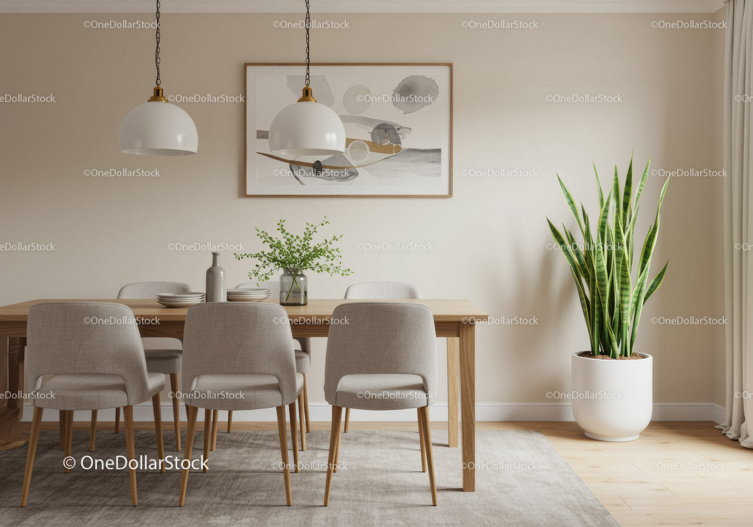 Contemporary Dining Room with Beige Chairs and Green Plant