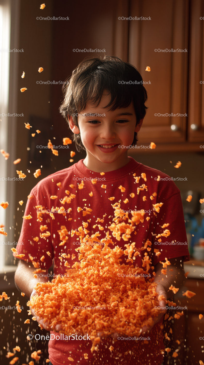Young Boy Cheering with Popcorn in a Cozy Kitchen Setting
