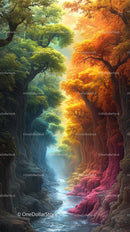 Colorful Forest Canyon with Flowing River and Dramatic Cliffs