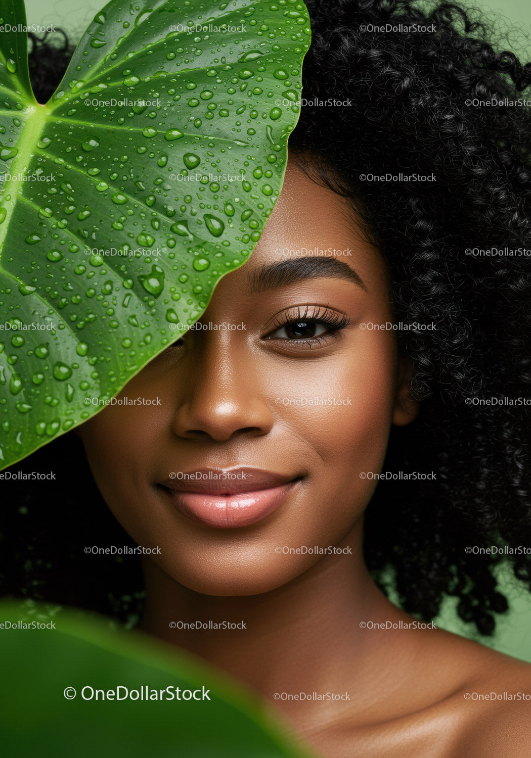 Beautiful Woman with Curly Hair and Tropical Leaves in Natural Setting
