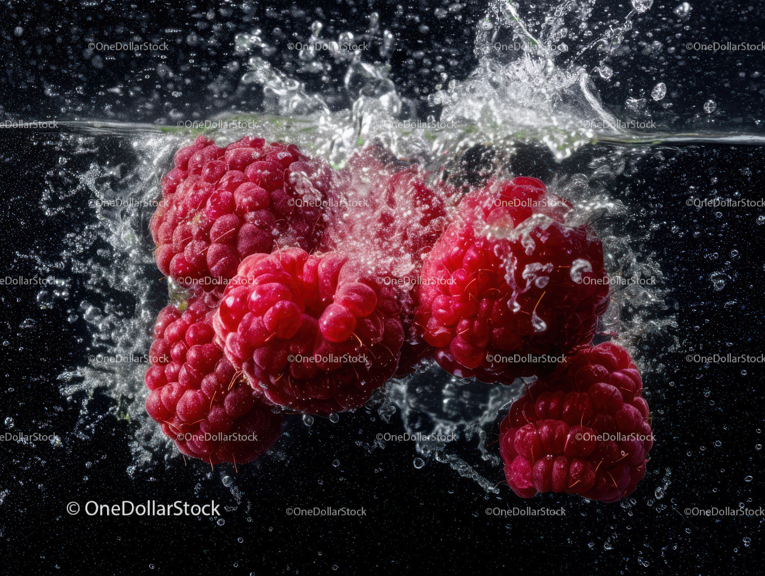 Vibrant Raspberries Splashing into Water with Fresh Juiciness