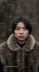 Portrait of a Young Woman in Fur Coat with Serious Expression