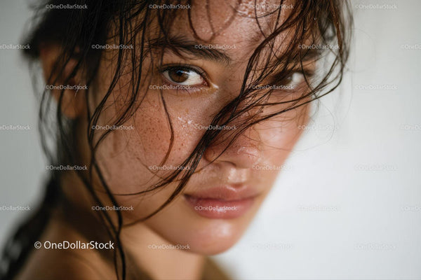 Close-up of a Freckled Woman with Wet Hair and Brown Eyes