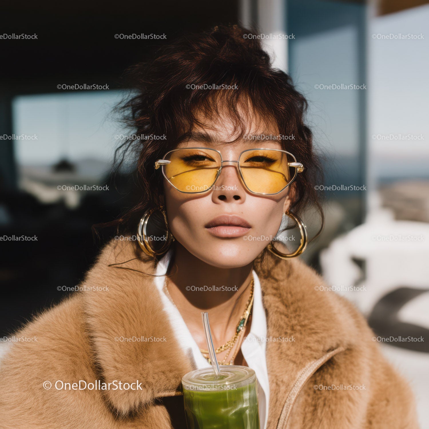 Fashionable Woman Wearing Sunglasses and Fur Coat Outdoors