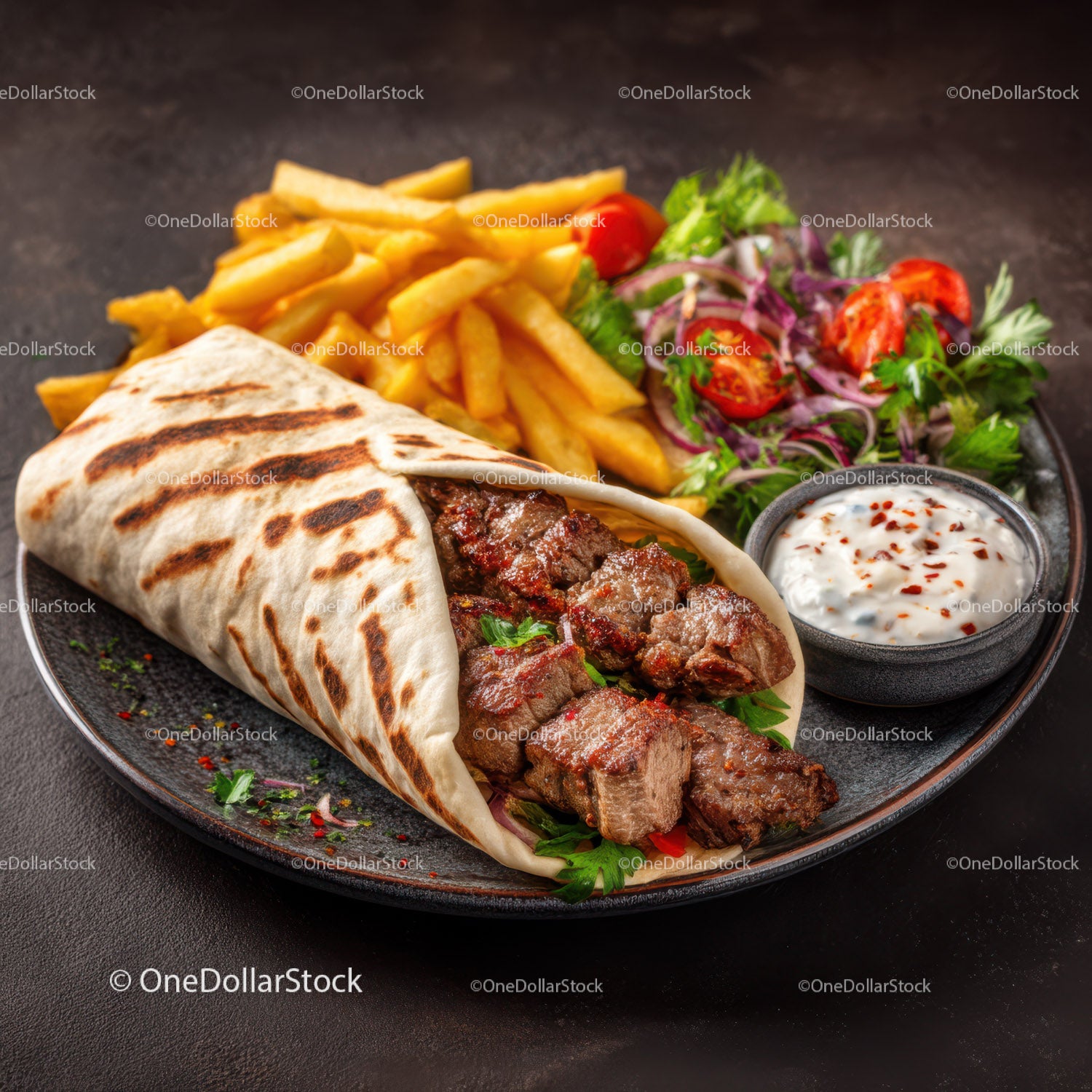 Grilled Beef Shawarma Wrap with Fries and Fresh Salad