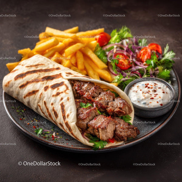 Grilled Beef Shawarma Wrap with Fries and Fresh Salad