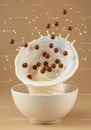 Chocolate cereal balls splashing into milk bowl