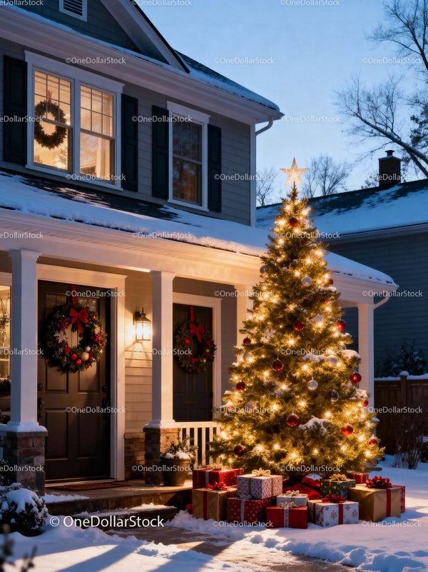 Snowy evening Christmas tree decorated with lights and gifts