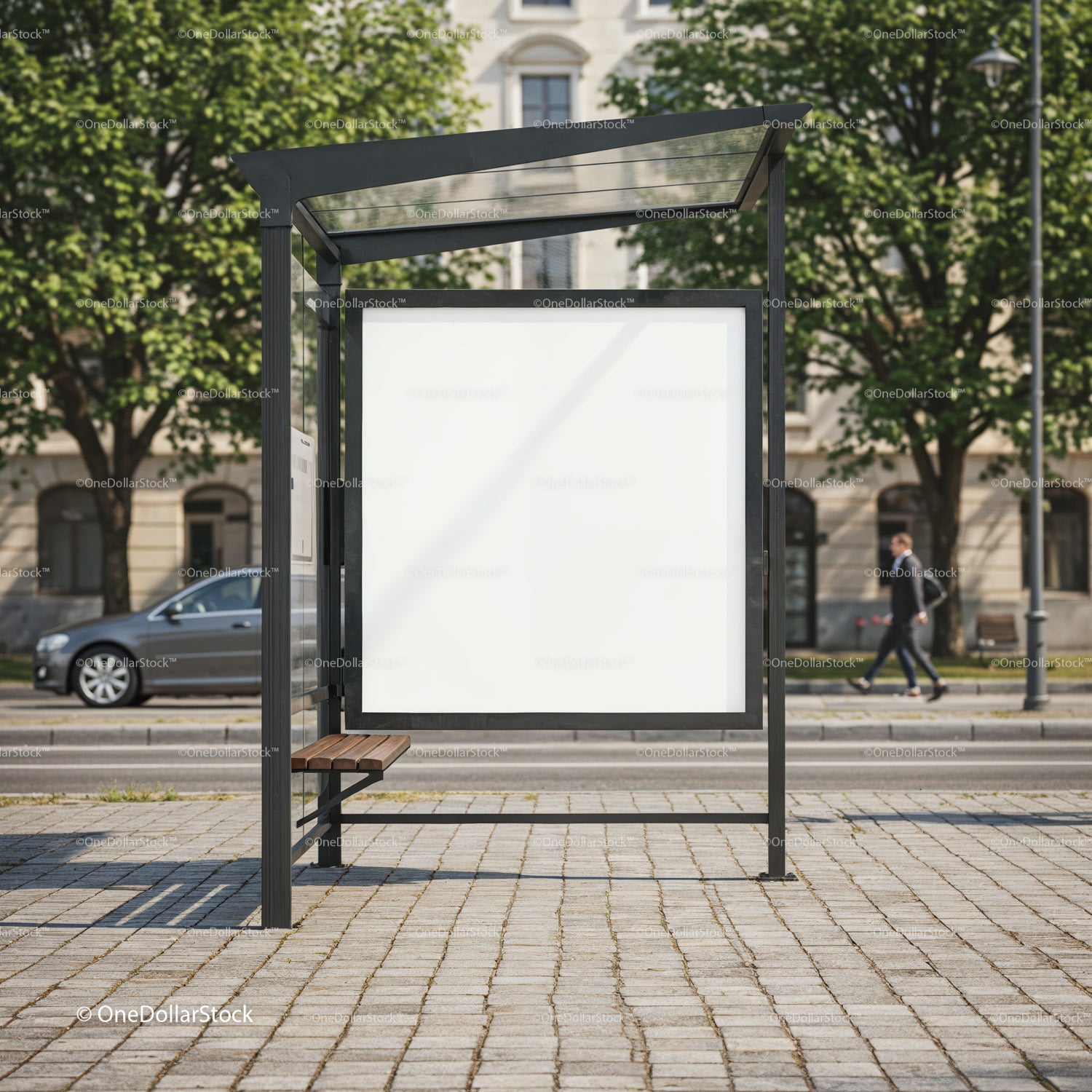 Modern urban bus stop with blank advertisement panel