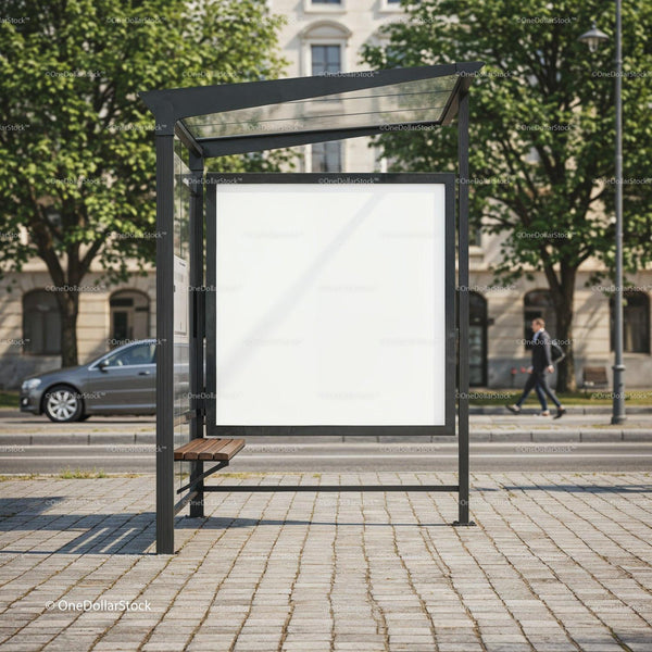 Modern urban bus stop with blank advertisement panel JPG Mockup Image