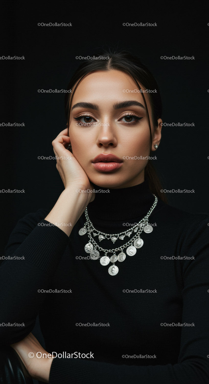 Elegant woman with silver coin necklace in black turtleneck