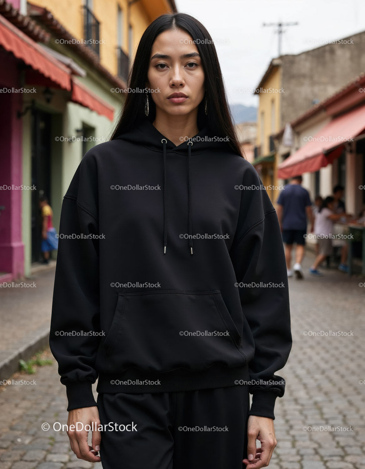 Fashionable Woman Wearing Black Hoodie in Urban City Street