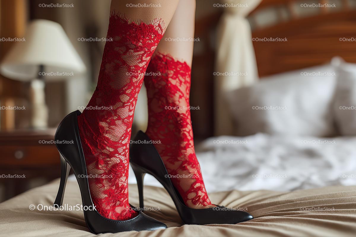 Chic Black Heels and a Red Lace Dress in a Cozy Bedroom Setting