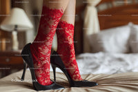 Chic Black Heels and a Red Lace Dress in a Cozy Bedroom Setting