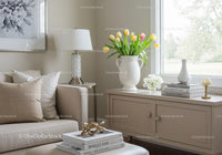 Elegant Living Room with White Tulip Bouquet and Cozy Decor