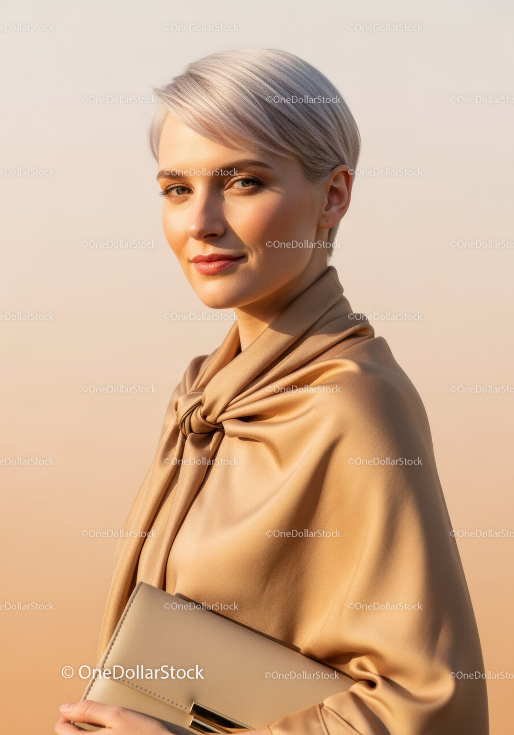 Elegancka blondynka w beżowym jedwabnym topie z pewnym siebie wyrazem twarzy