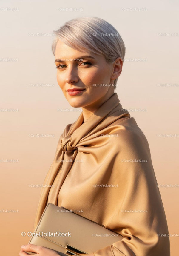 Elegancka Blondynka w Beżowej Jedwabnej Bluzce z Pewnym Wyrazem Twarzy