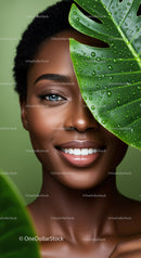 Portrait of a Smiling Woman with Tropical Green Leaves and Water Droplets