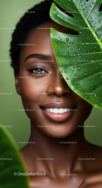 Portrait of a Smiling Woman with Tropical Green Leaves and Water Droplets