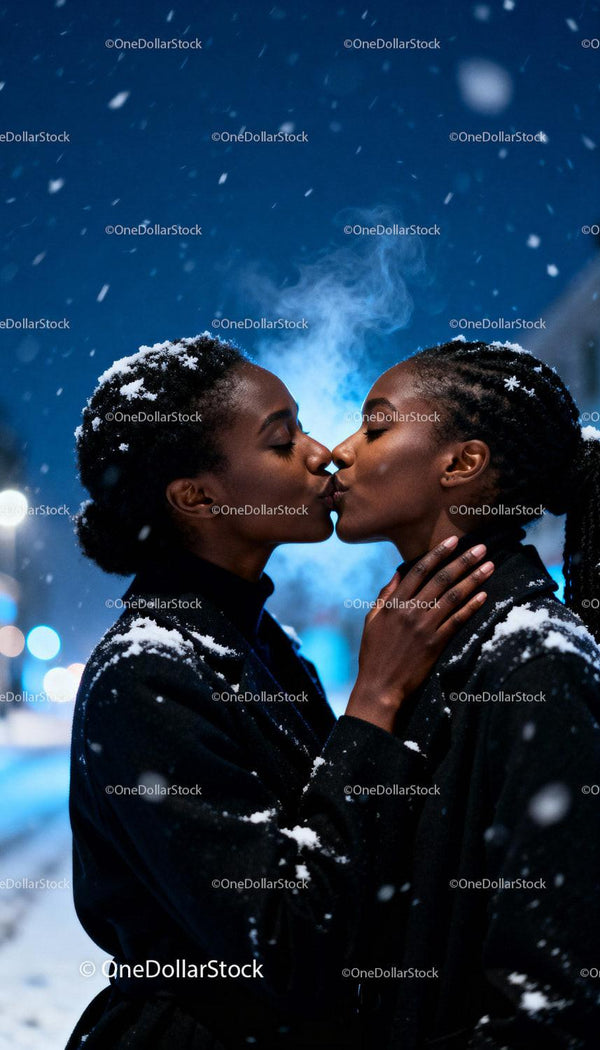 Affectionate Winter Kiss Between Two Women in Snow