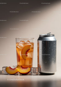 Refreshing Peach Iced Drink with Silver Can and Ice Cubes