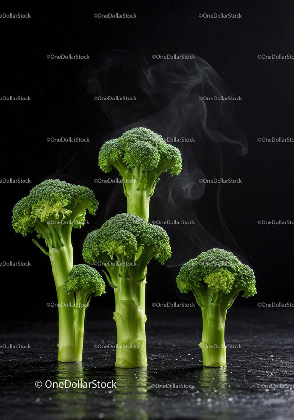 Fresh broccoli florets with steam on black background