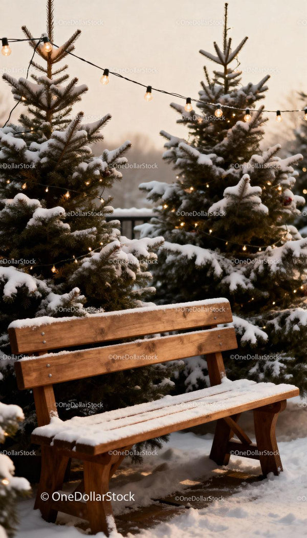 Snow-Covered Bench with Holiday Lights in Winter Garden
