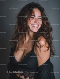 Smiling Woman with Brunette Hair in Black Lace Top