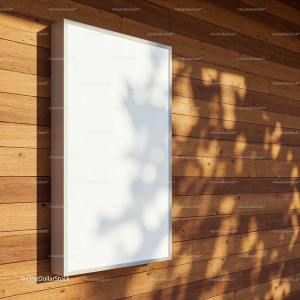Blank vertical billboard on warm wooden wall exterior JPG Mockup Image