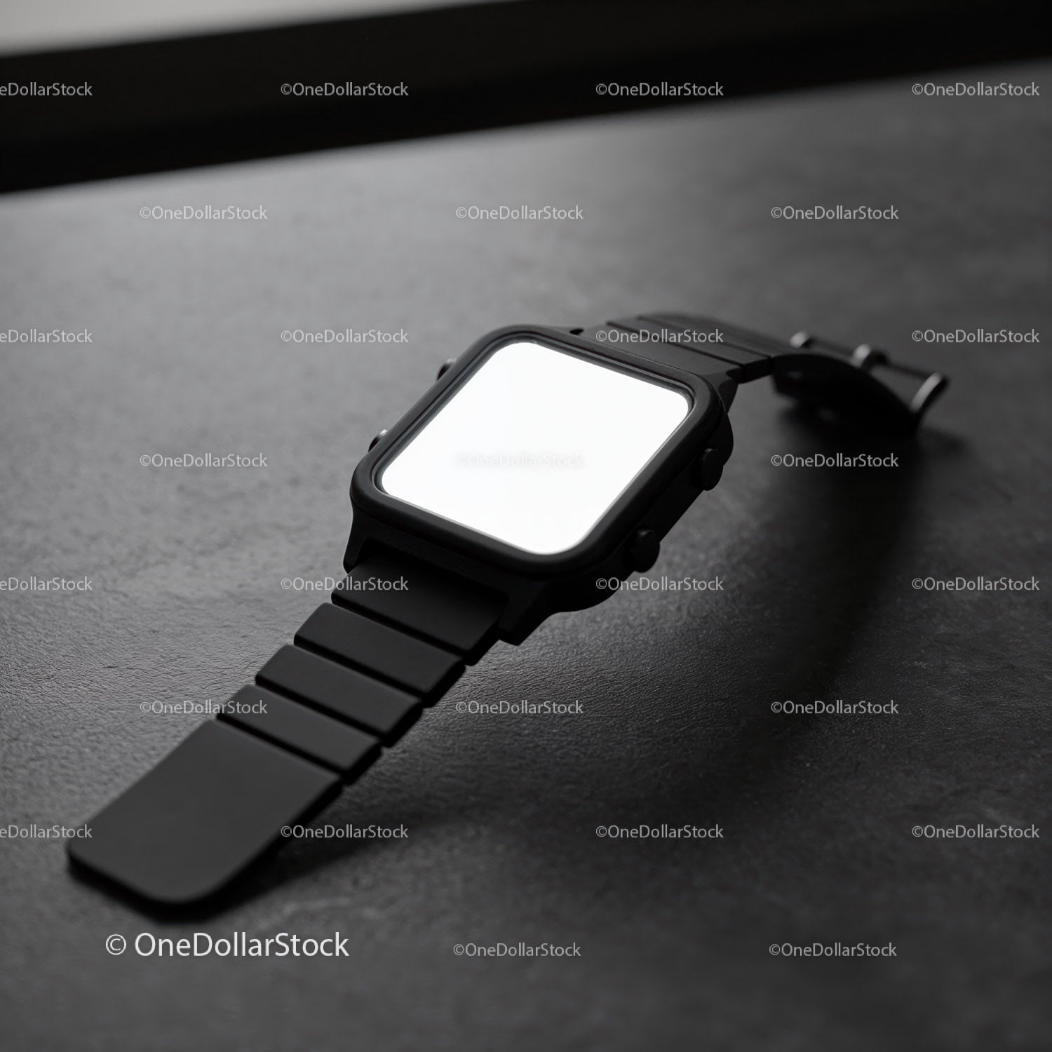 Minimalistyczny czarny smartwatch z pustym ekranem na stole