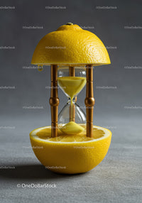 Hourglass Embedded in Fresh Lemon Half with Drips