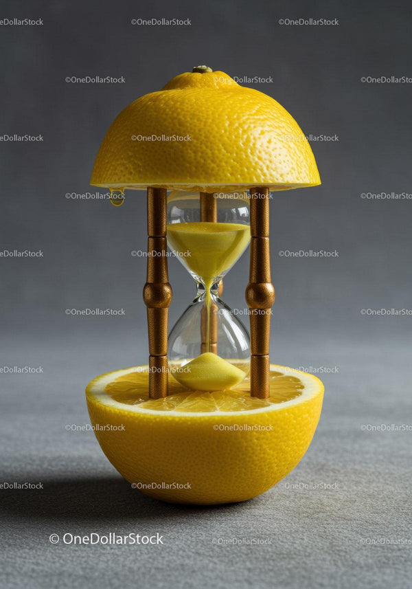 Hourglass Embedded in Fresh Lemon Half with Drips