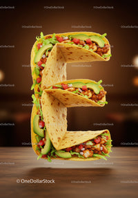 Taco Letter E Made with Fresh Ingredients on Wooden Table