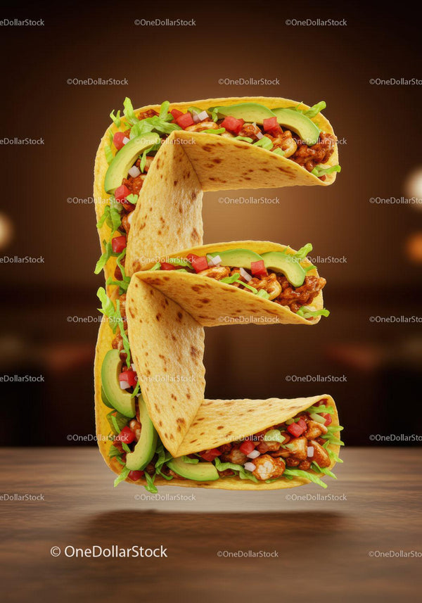 Taco Letter E Made with Fresh Ingredients on Wooden Table