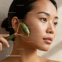 Close-Up Portrait of Young Woman with Jade Roller and Flawless Skin